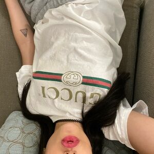 Distressed Gucci Big Logo White Tee Embroidered Flower
